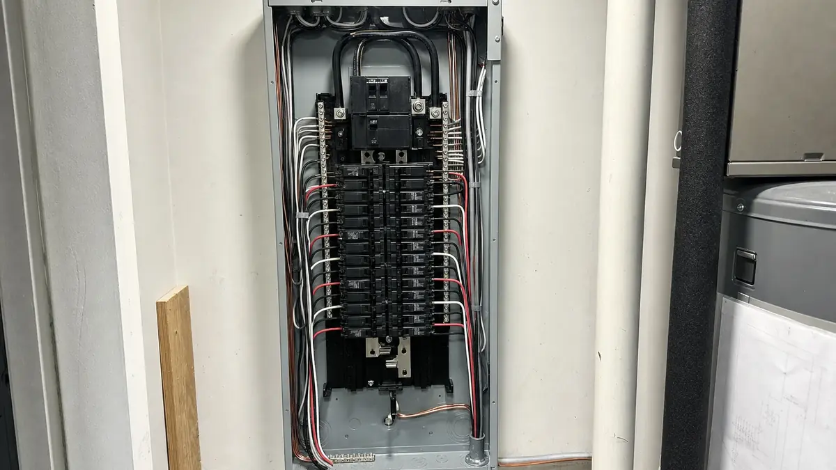 A newly installed 200-amp load center in a North Georgia mountain home, sized to carry a heat pump conversion the old service could not
