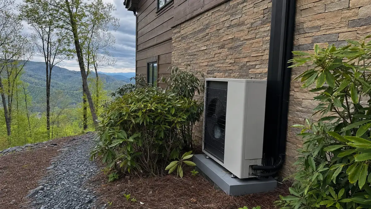 An inverter heat pump condenser screened with native planting beside a Big Canoe mountain home, placed to satisfy architectural review