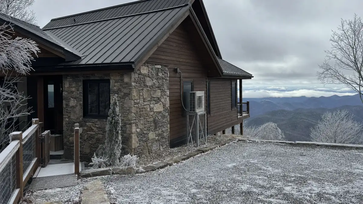 A high-elevation Burnt Mountain home under rime ice, the most demanding heating conditions in Pickens County