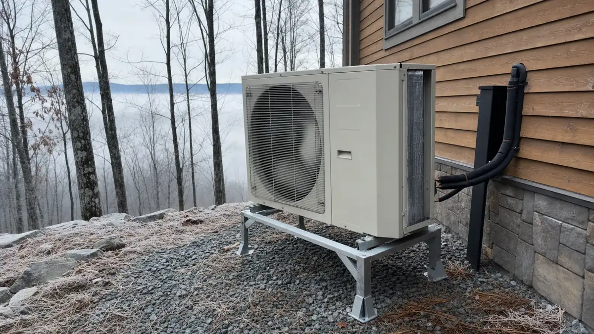 A cold-climate inverter condenser running through a hard frost outside a North Georgia mountain home, holding capacity where single-stage units fade