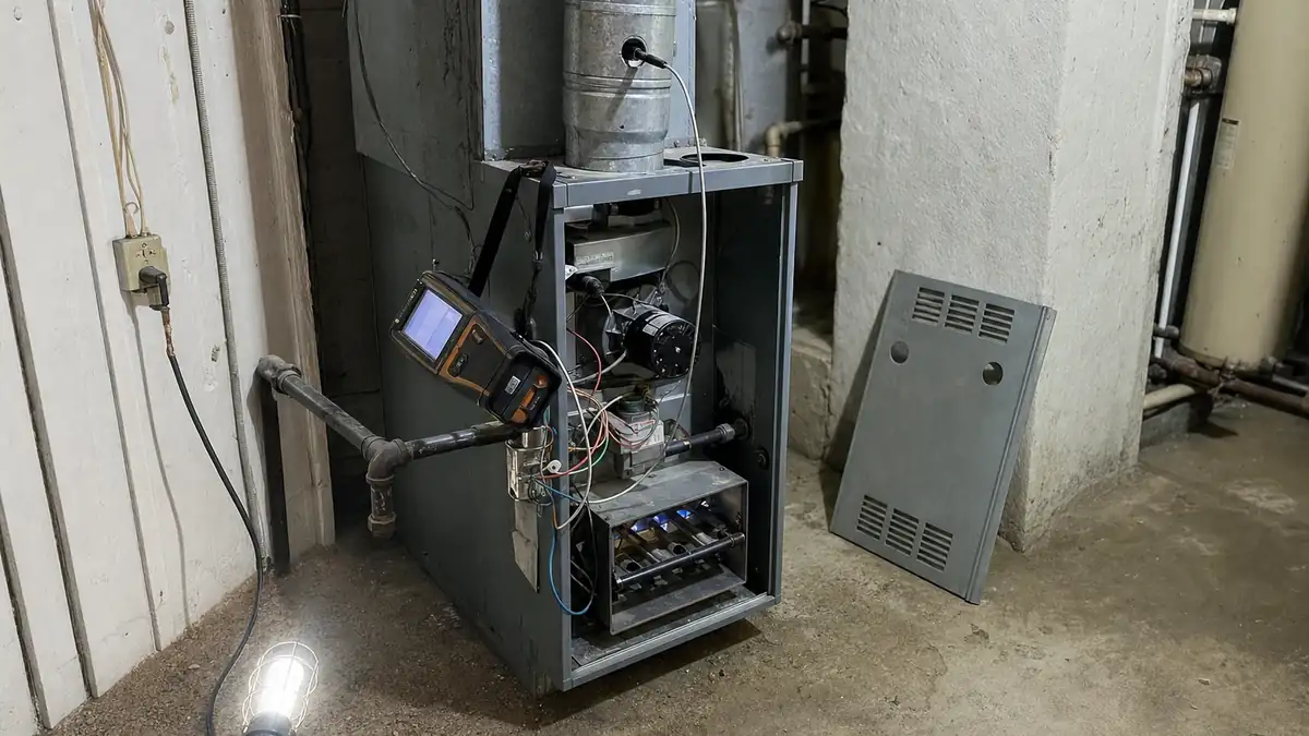 Combustion analysis at the flue of a propane furnace during a safety inspection in a North Georgia mountain home