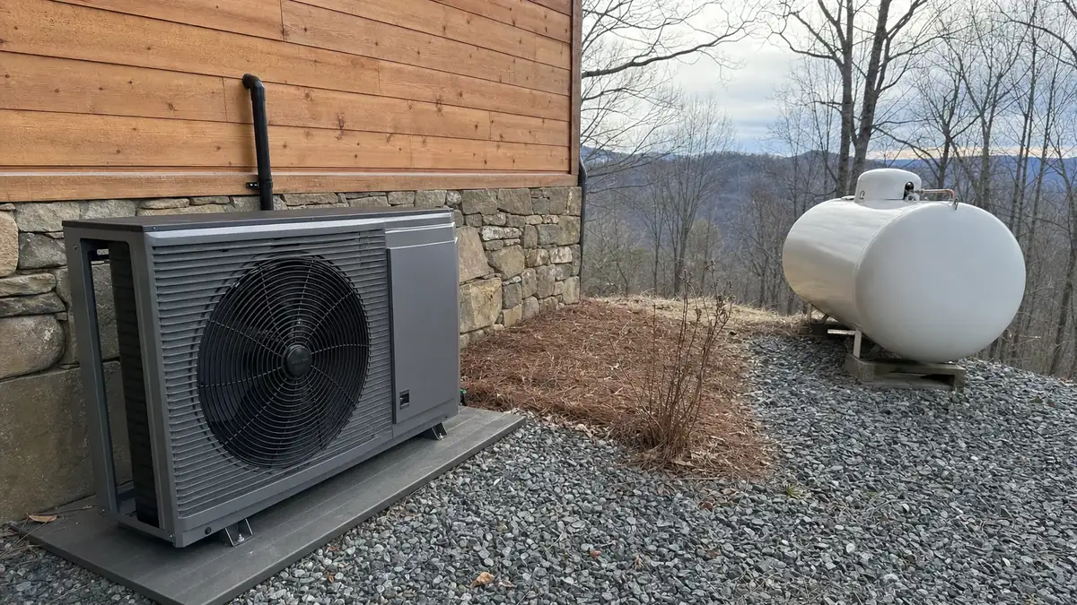 An inverter condenser and a retained propane tank sharing the same mountain property, the hybrid arrangement that cuts gallons without removing backup