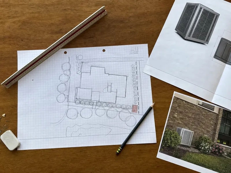A hand-marked site sketch showing proposed condenser placement and screening for a Big Canoe architectural review submission