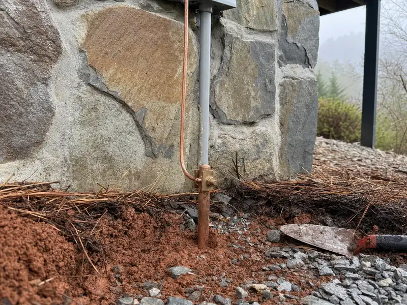 A ground rod and acorn clamp at the foundation of a mountain home, the grounding that surge protection depends on to actually work