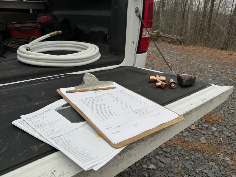 A contractor's itemised conversion quote on a clipboard at a service truck tailgate, the paperwork a co-op efficiency loan application requires