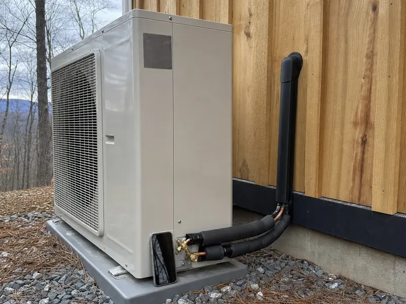 Technician photographing the data plate on a newly installed inverter condenser, the model and serial record every rebate program asks for