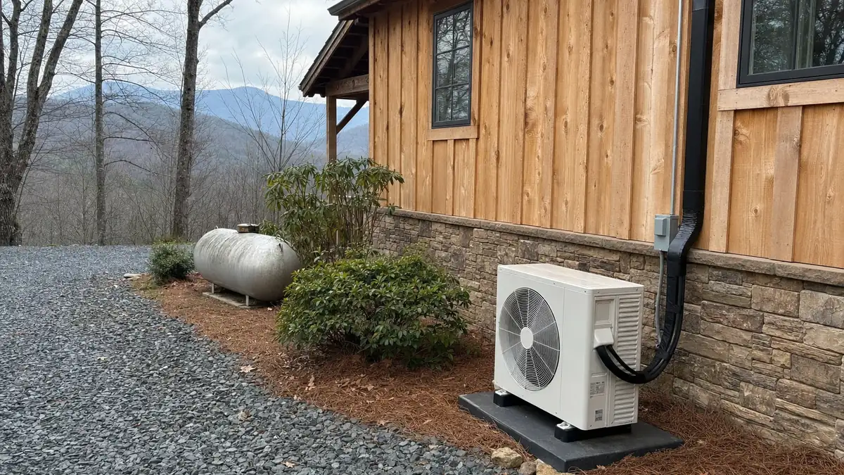 Slim inverter heat pump condenser newly installed beside a cedar-sided mountain home near Jasper, Georgia, with the old propane tank still in the yard