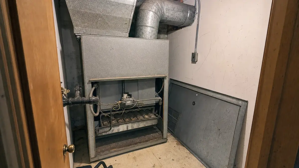 An oversized propane furnace in a mountain-home mechanical closet, the short-cycling that a proper load calculation would have prevented