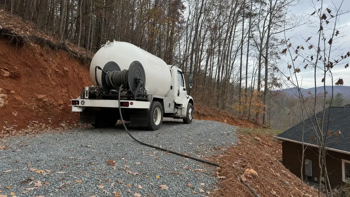 A propane bobtail working a steep gravel mountain driveway in autumn, the seasonal delivery cycle a pre-buy contract locks you into