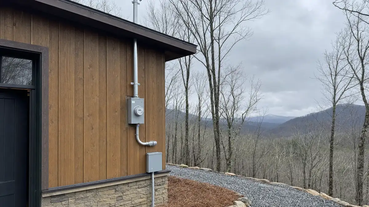 Electric co-op meter and service mast on a North Georgia mountain home, the account that on-bill efficiency financing is repaid through