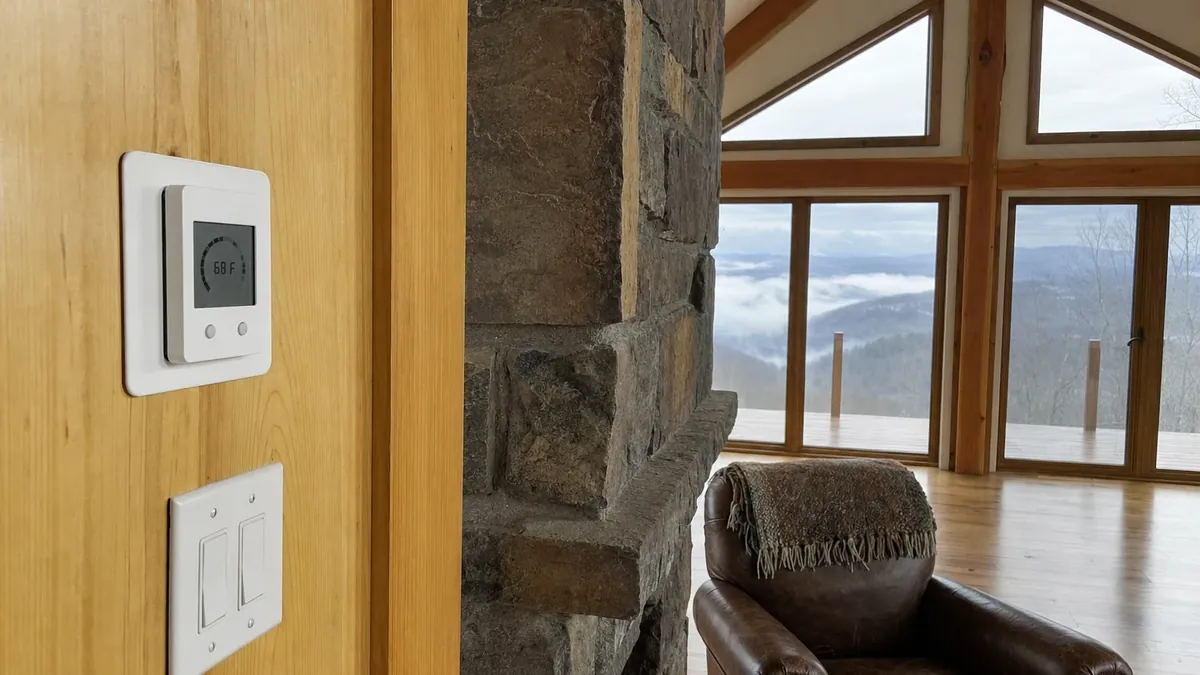 A smart thermostat on a timber wall in a North Georgia cabin, scheduled to pre-heat the house before peak electricity hours