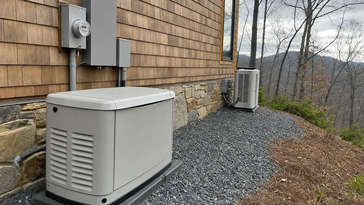 A standby generator and transfer switch installed beside a North Georgia mountain home to carry the heat pump and well pump through outages