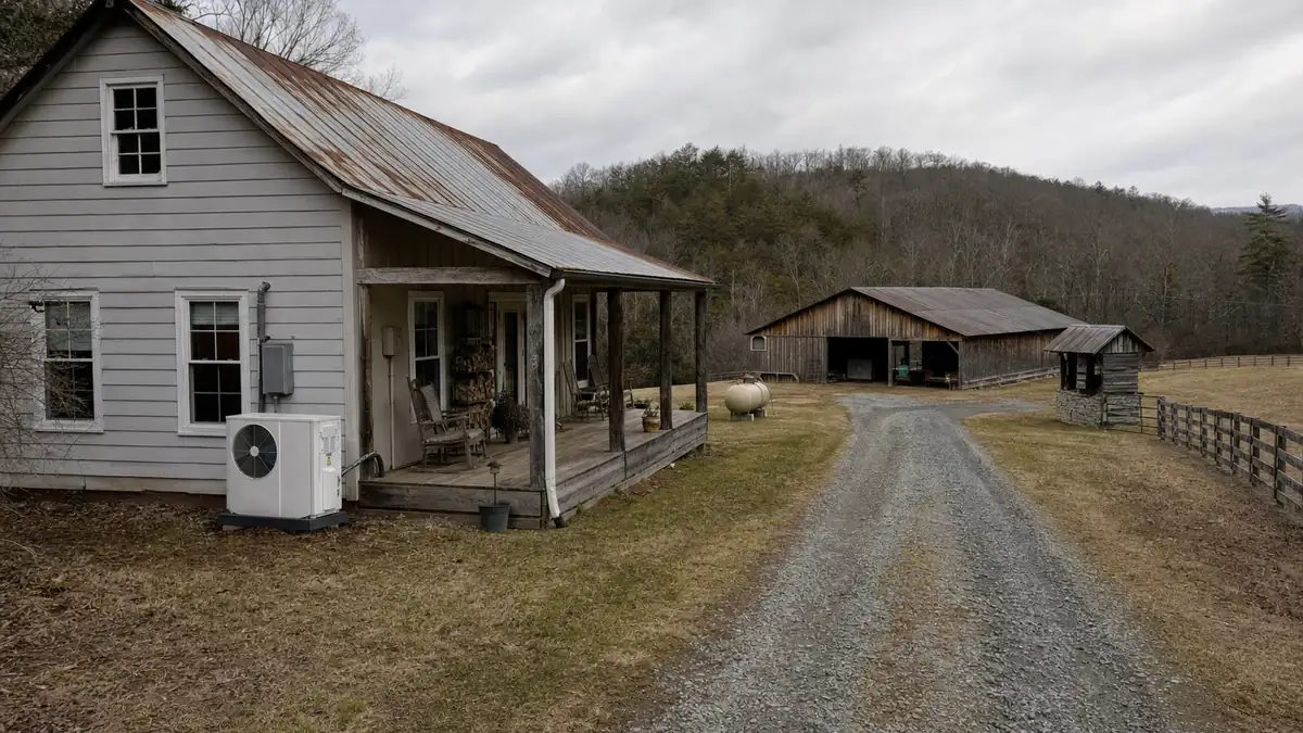 A rural Talking Rock acreage homestead with its heat pump installed and the propane tank awaiting collection near the outbuildings
