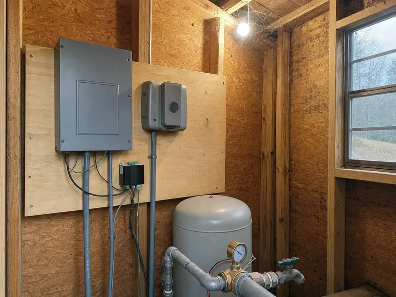 Well pump controls in a rural Pickens County well house, the starting load that usually sizes the generator on acreage properties