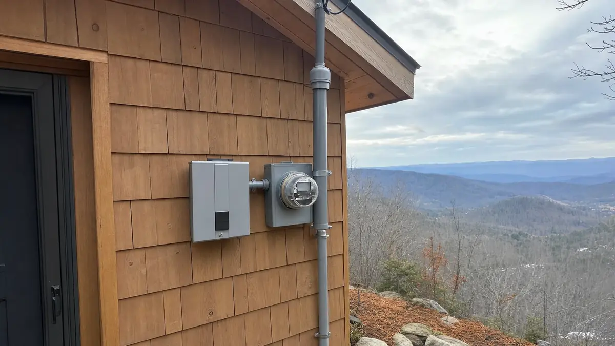 A surge protective device installed at the service entrance of an exposed ridge-top North Georgia home to protect the inverter heat pump